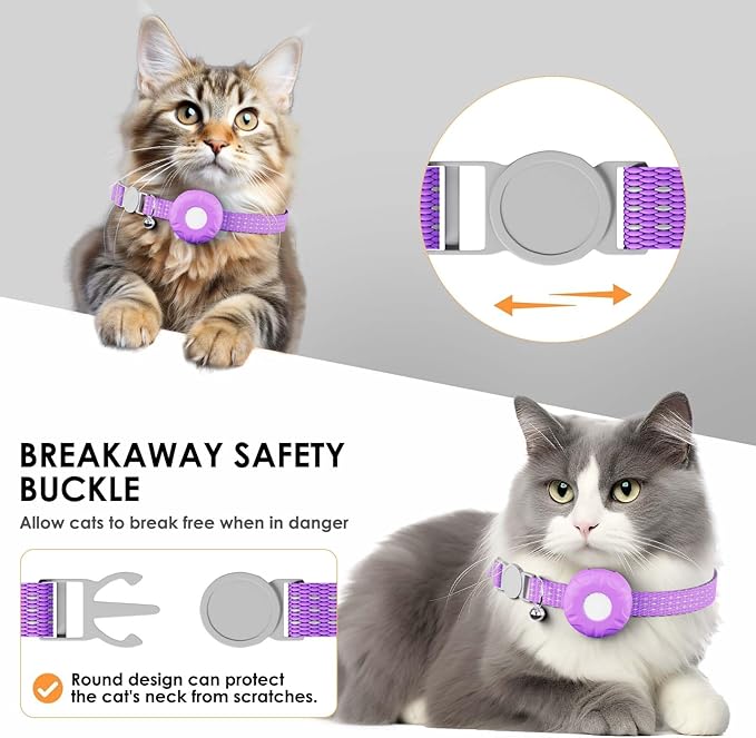Cat Tracker, GPS Tracker, Pet Tracker Compatible with Apple Find My App(Only iOS), Waterproof Cat Trackers Collar with Bell and Safety Elastic Buckle,No Monthly Fee, Smart Alerts, Purple