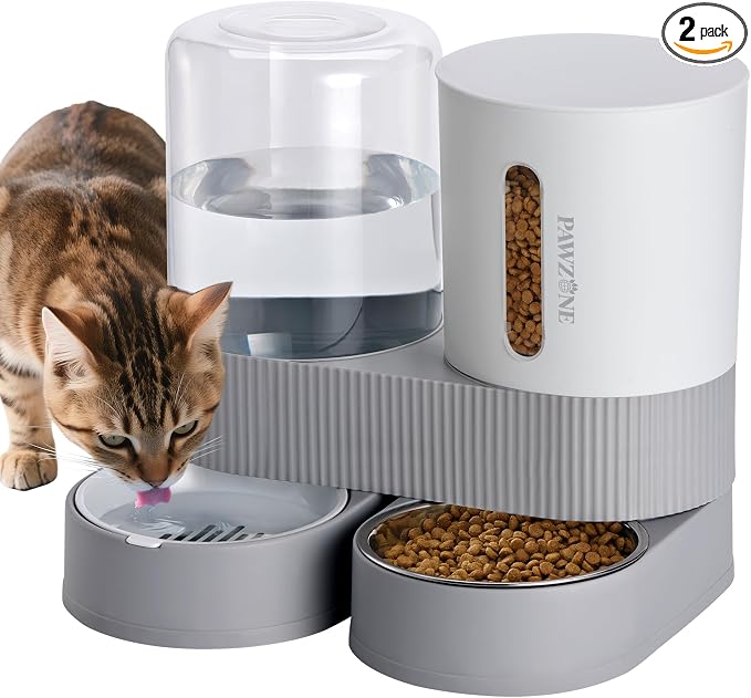 2 Pack Automatic Cat Feeder Stainless Steel Water Dispenser Gravity Food Feeder and Waterer Set with Pet Food Bowl for Small Medium Kitten Puppy Pets Large Capacity(Grey)