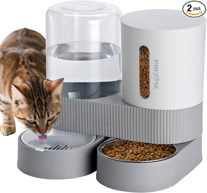 2 Pack Automatic Cat Feeder Stainless Steel Water Dispenser Gravity Food Feeder and Waterer Set with Pet Food Bowl for Small Medium Kitten Puppy Pets Large Capacity(Grey)