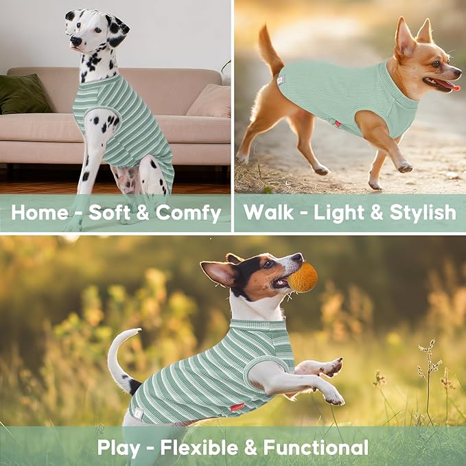KYEESE 2Pack Waffle Dog Shirts, Lightweight Sleeveless Dog T Shirts for Small Medium Dogs Boy Girl, Breathable Pet Vest Comfortable Tank Top Soft Dogs Clothes for Daily Wear, Green+Striped, XL