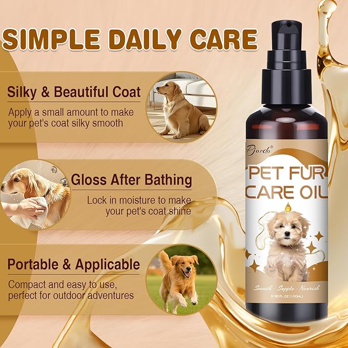 Pjordo Pet Fur Care Oil, 3.38 FL OZ Natural Oils with Collagen for Detangles, Reduces Shedding, Shiny & Silky Coat, Leave-in Conditioner for Dogs & Cats