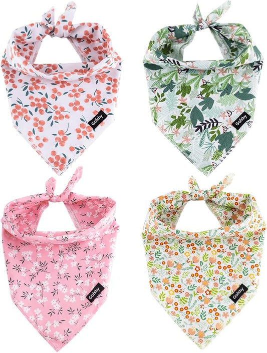 Summer Spring Dog Bandanas-4PCS Pink Green Orange Floral Printing Dog Scarf Bib Kerchief Breed for Girl Dogs Small XS Pets Gift
