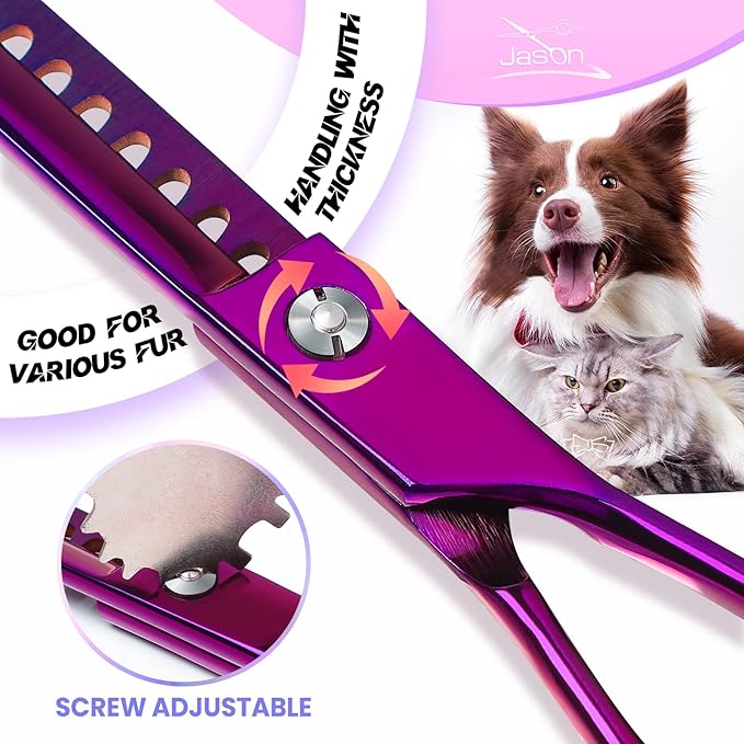 JASON Dog Grooming Scissors Kit, Professional 6 in 1 Dog Scissors Sharp Shears Set - Straight, Thinning, Chunker, Curved Shears and Comb for Long Short Hair for Dog Cat Pet Christmas Gift