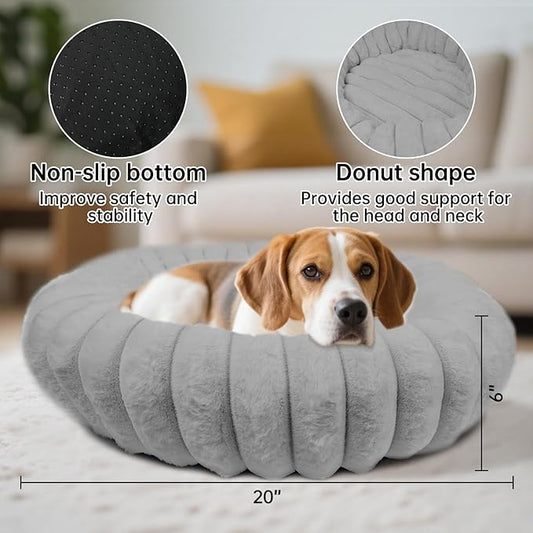 Donut Dog and Cat Bed, Luxurious Comfortable Faux Rabbit Fur Pet Beds, Soft Anti-Anxiety Calming Puppy Kitten Bed with Anti-Slip Bottom for Small Medium Dogs & Cats(20", Grey)