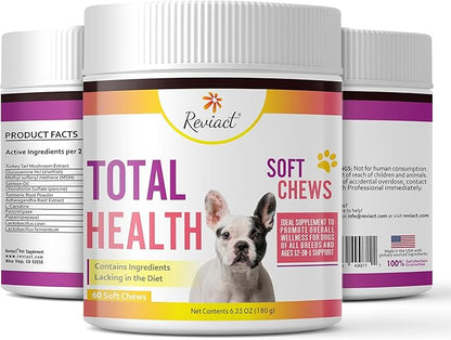 Total Health Dog Chews 12-in-1, Hip and Joint Supplement with Glucosamine Chondroitin for Dogs, Dog Multivitamin Treats with Omega 3 Salmon Oil and Vitamins for Skin and Coat Support, 60 Soft Chews