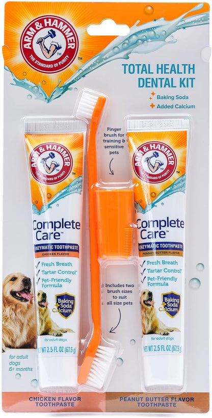 Arm & Hammer Complete Care Dog Dental Kit with Two Flavors: Chicken & Peanut Butter Enzymatic Dog Toothpaste, Toothbrush, & Finger Brush, Baking Soda + Calcium, 2.5oz Each