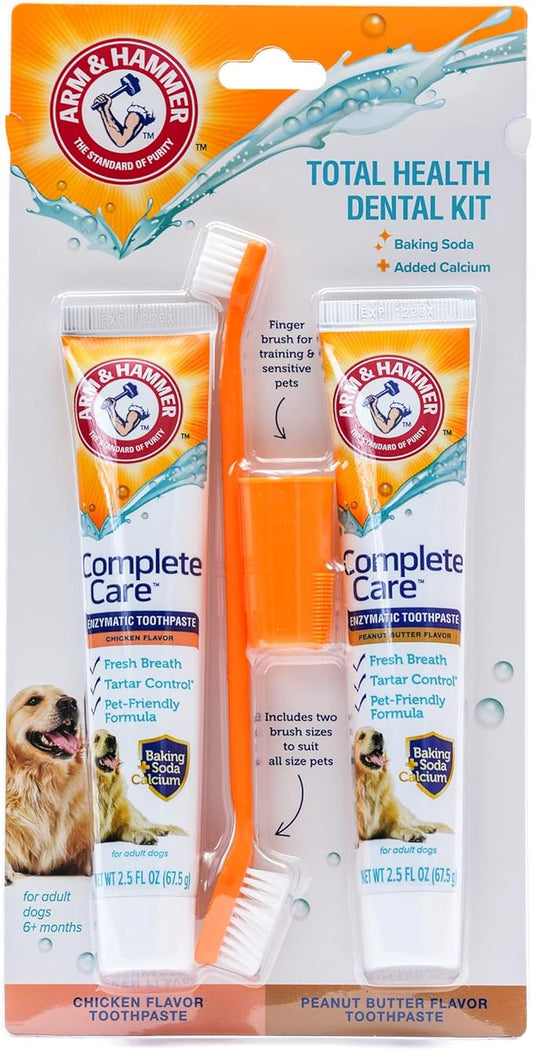 Arm & Hammer Complete Care Dog Dental Kit with Two Flavors: Chicken & Peanut Butter Enzymatic Dog Toothpaste, Toothbrush, & Finger Brush, Baking Soda + Calcium, 2.5oz Each