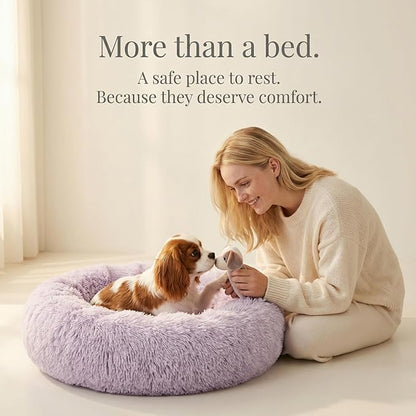 Calming Dog Bed for Medium Dogs Washable Donut 30 inches Anti-Slip Pet Bed,Round Fluffy Plush Faux Fur Cat Bed,Fits up to 45 lbs Pets,Gradient Purple