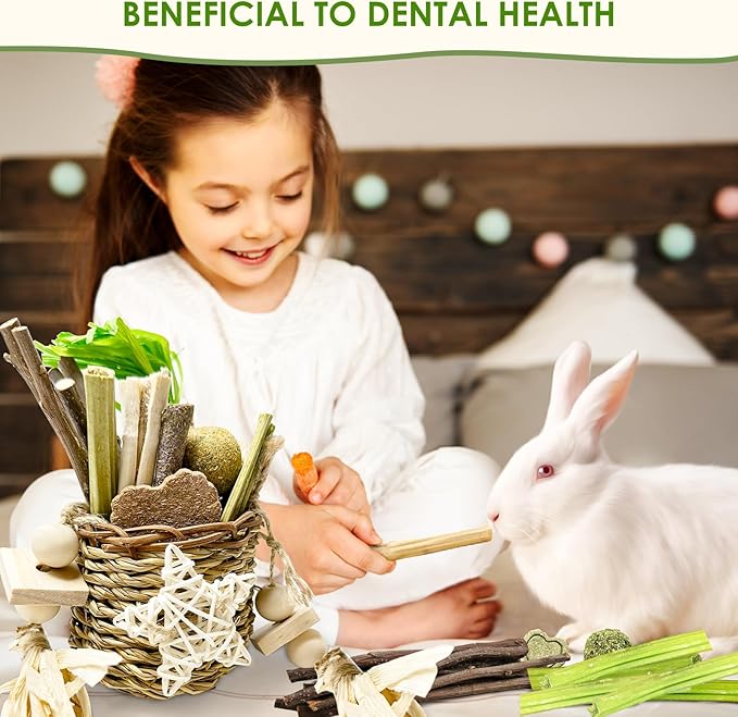 26Pcs Bunny Toys Basket for Small Pets, with 14Pcs Replacement Rabbit Toys for Bunnies Boredom Set Hanging Rodent Dental Toy with Papaya Stems Sweet Bamboo Hamsters, Chinchillas, Guinea Pigs