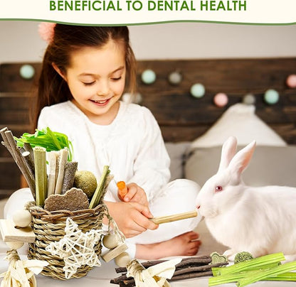26Pcs Bunny Toys Basket for Small Pets, with 14Pcs Replacement Rabbit Toys for Bunnies Boredom Set Hanging Rodent Dental Toy with Papaya Stems Sweet Bamboo Hamsters, Chinchillas, Guinea Pigs