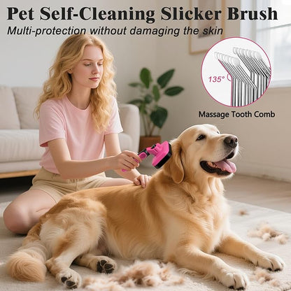 2PCS Self Cleaning Slicker Brush & Dog Comb - Skin Friendly Deshedding Grooming Tool for Dogs, Cats and Small Animals, Professional Deshedding Dematting Tool for Long and Short Haired Pets (Red)
