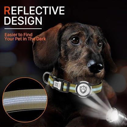 Reflective Dog Collar with AirTag Holder for Puppy Soft Nylon Champagne Sized XS