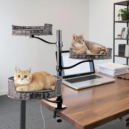 Niubya Cat Desk Bed Mount with Adjustable Height,Rattan Cat Desk Perch Supports 30 Lbs,360°Rotation Desktop Kitty Attachment for Indoor Home Office,3 Bed