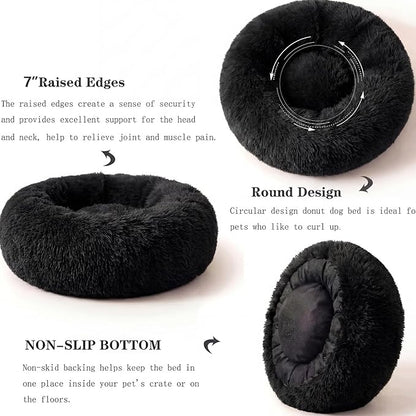 Calming Donut Dogs Beds for Small Dogs Washable,28inch Plush Round Pet Bed for Cozy Sleep,Fluffy Faux Fur Large Cat Bed,Fits up to 30 lbs Pets,Black
