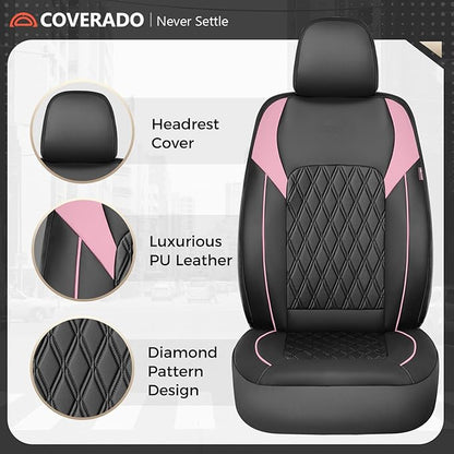 Coverado Seat Covers, Car Seat Covers Full Set, Car Seat Cover, Car Seat Covers Front Seats and Back, Waterproof Car Seat Cushion, Faux Leather Car Seat Protector Universal Fit Most Cars, Black&Pink