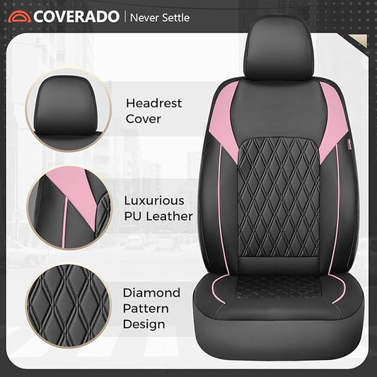 Coverado Seat Covers, Car Seat Covers Full Set, Car Seat Cover, Car Seat Covers Front Seats and Back, Waterproof Car Seat Cushion, Faux Leather Car Seat Protector Universal Fit Most Cars, Black&Pink