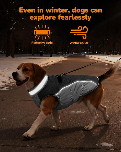 Dog Winter Coat for Medium Dogs, Adjustable Puppy Warm Jackets in Cold Weather, Reflective Pet Fleece Vest with External Attachment Points, Zippered Cold-Weather Dog Winter Clothes, M Black
