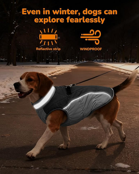Dog Winter Coat for Medium Dogs, Adjustable Puppy Warm Jackets in Cold Weather, Reflective Pet Fleece Vest with External Attachment Points, Zippered Cold-Weather Dog Winter Clothes, M Black