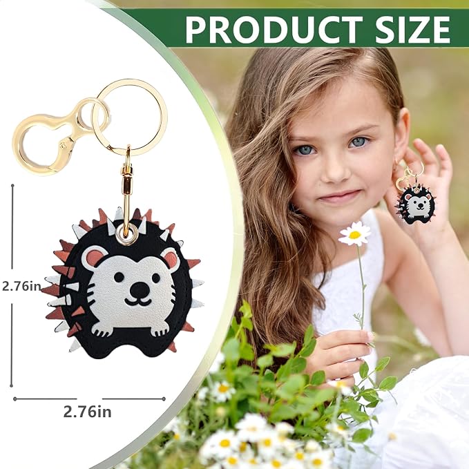 Leather Keychain Holder Case Compatible with AirTag,Cute Protective Cover with Keyring,Anti-Scratch Finder GPS Tracker Case for Wallet Keys,Bag,Pets,Backpack(Hedgehog)
