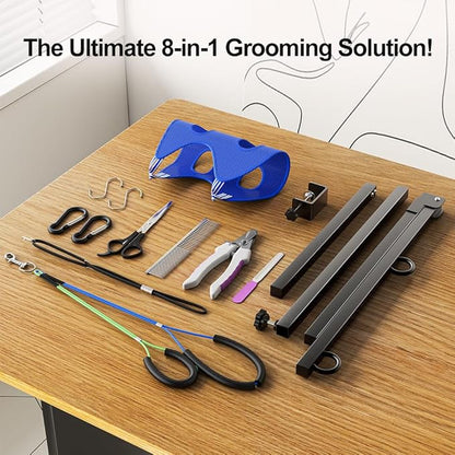 ALLPETS&CO Portable Foldable Dog Grooming Arm Kit: Adjustable 27"-40" with Heavy Duty Clamp & Hammock, 4pc Grooming Tools, No-Sit Restraint for Small Medium Dogs, Complete Home Salon Grooming Set
