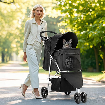 SMUG 3 Wheels Pet Stroller, Dog and Cat Strollers with Storage Basket and Cup Holder, Breathable Mesh, Lightweight Travel Carrier, Waterproof and Foldable for Small Pets Outdoor Walk, Black