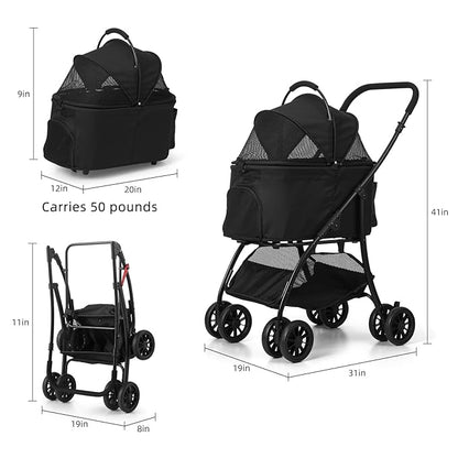 Pet Stroller Quickly Folds for Easy Storage Cat Stroller with Detachable Carrier Thickened Oxford Cloth Breathable Basket Dog Strollers for Small Dogs (Black)