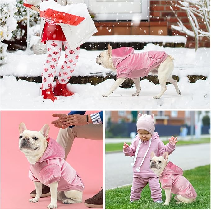 BEAUTYZOO Dog Hoodie Sweaters for Small Medium Dogs- Warm Fall Winter Fleece Jacket for Cold Weather, Soft Velour Hooded Coat with Leash Hole & Pocket, Puppy Sweatshirt Clothes Bulldog Schnauzer, Pink