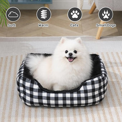 Hollypet Rectangle Plush Dog Cat Bed Self-Warming Pet Bed, Black Check