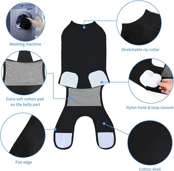 2 Packs Breathable Cotton Dog Recovery Suit for After Neuter Spay Abdominal Wounds Protector, Professional Anti-Licking Onesies for Male Female Pets Surgery Bandages, L Black Grey Pure