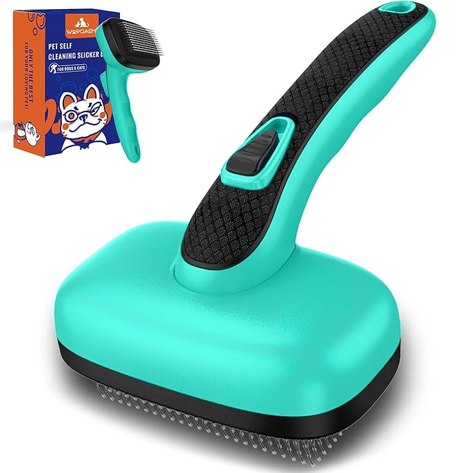 Self Cleaning Slicker Brush for Dog, Skin Friendly Shedding & Grooming Tool for Long and Short Haired Dogs and Cats, Easy Clean Retractable Bristles, Green