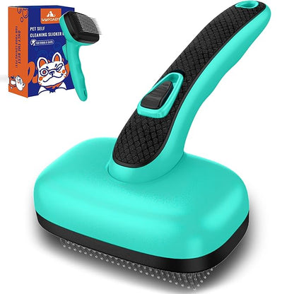Self Cleaning Slicker Brush for Dog, Skin Friendly Shedding & Grooming Tool for Long and Short Haired Dogs and Cats, Easy Clean Retractable Bristles, Green