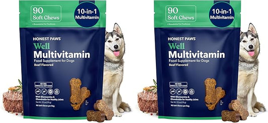 Honest Paws (90 Count) Dog Multivitamin Soft Chews with 10 Essential Vitamins - Joint, Coat, Immune, Eye & Heart Support - with Glucosamine, Chondroitin & Omega-3 - Beef Flavor (Pack of 2)