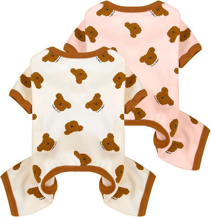2 Pack Dog Pajamas Small Sized Dog Onesie Clothes Soft Stretchy Puppy Pajamas for Dogs Cats Girl Pet Costume Bear Printed Dog Pjs Outifts French Bulldog Chihuahua Doggie Clothes (Pink&White, Large)