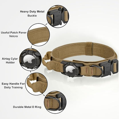 Tactical AirTag Dog Collar - Heavy Duty, Adjustable GPS Collar | Compatible with Apple AirTag, with Holder & Control Handle for Medium/Large Dogs [ Brown, L ]