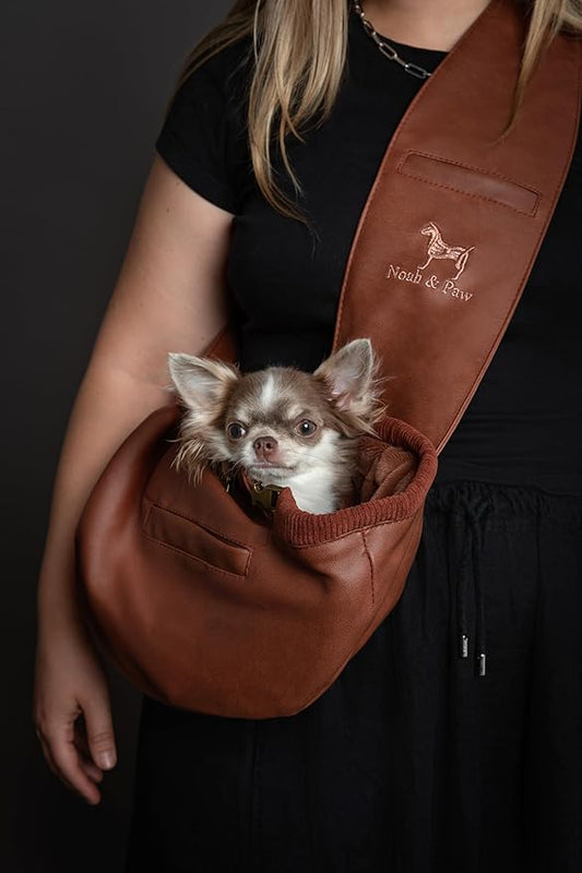 Noah & Paw Dog Sling Carrier for Small Dogs 3-10lb, Dog Sling for Small Dogs and Cats, Dog Carrier with Adjustable Padded Strap, Vegan Leather Lined with Fur, 3X Safety Features, Machine Washable
