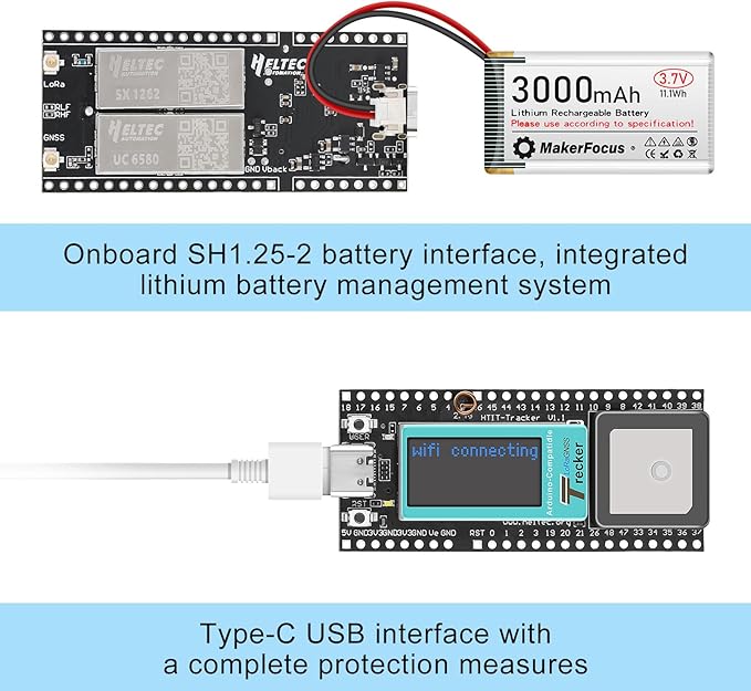 MakerFocus Wireless Tracker Supports GPS Galileo Multi-System Joint Positioning ESP32-S3 WiFi Bluetooth SX1262 UC6580 with 3000mAh Battery, 915MHz LoRa Antenna, 0.96-inch LCD Display for Meshtastic