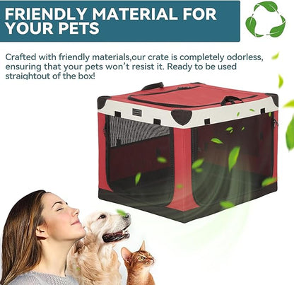 PETSFIT 26" Soft Portable Dog Crate – Patented Spiral Sturdy Frame, Collapsible Travel Kennel for Small Dogs, 3 Mesh Door, Lockable Zippers, Indoor & Car Use Red