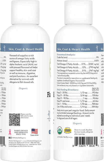 Wholistic Pet Organics Flaxseed Oil for Dogs and Cats - 16 Oz - Omega 3 for Dogs and Cats - Cat & Dog Skin and Coat Supplement for Itchy Skin, Shedding - Omega 3 6 9 Liquid Food Topper - 90 Day Supply