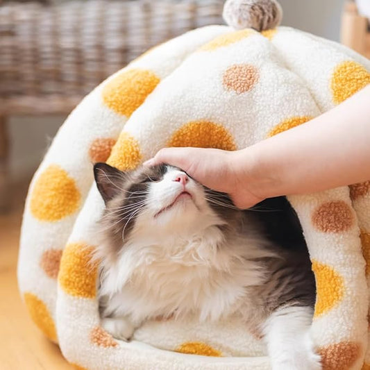 Cat Polka Dot Yurt Bed, Plush Warm Semi-Enclosed Cave Hideaway, Soft Comfy House for Indoor Kitten (Orange,Large)