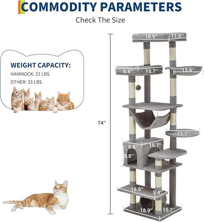 GarveeLife Cat Tree for Large Cat 74",Tall Cat Tower for Indoor Cats with 11 Scratching Posts, Hammock, Large Top Perch,Toy Balls, Sturdy Heavy Duty House for Adult Big Cats