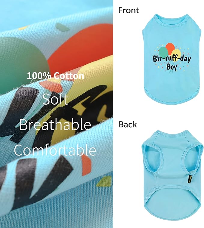 Fitwarm Birthday Boy Dog Shirt, Bir-Ruff-Day Boy Funny Dog Clothes for Small Dogs Boy, Pet Birthday Outfit, Cat Tshirt, 100% Breathable Cotton, Aqua Blue, XS