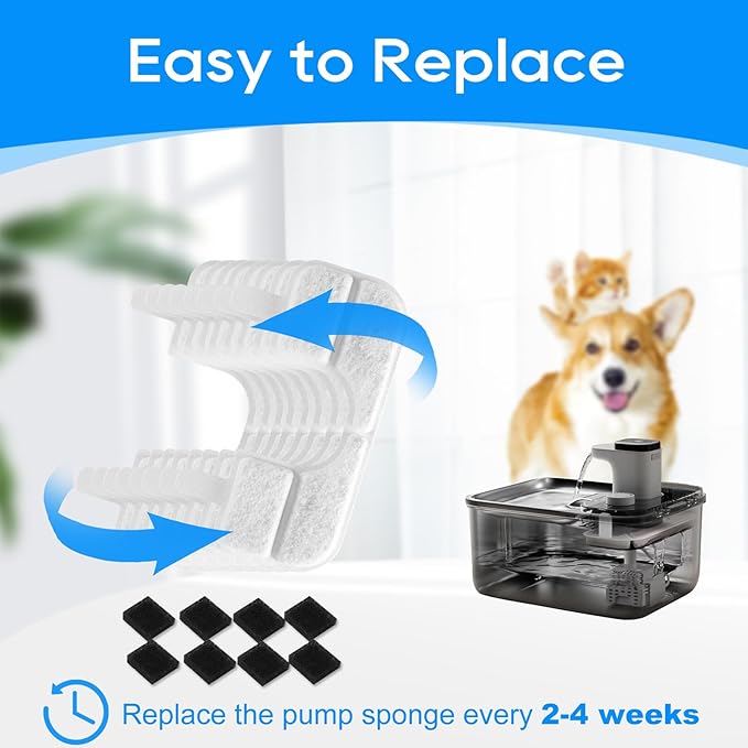 Cat Water Fountain Filter Replacement Compatible with Qinliy 3.5L Stainless Steel Fountain, Carbon Water Filter Cat Fountain with Pump Sponges, 8+8 Pack