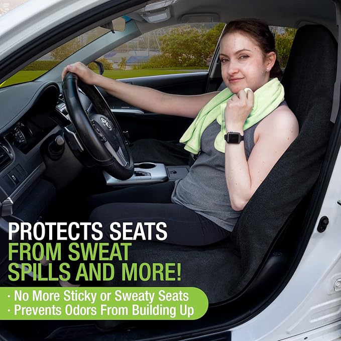 Season Guard Terry Cloth Sweat Towel Seat Cover; Carseat Towel Protector; Waterproof; Universal Fit for Car SUV Van Truck; EZ fit; Non Slip Grip; Machine Washable; Great for Gym Workout; 1pc Black