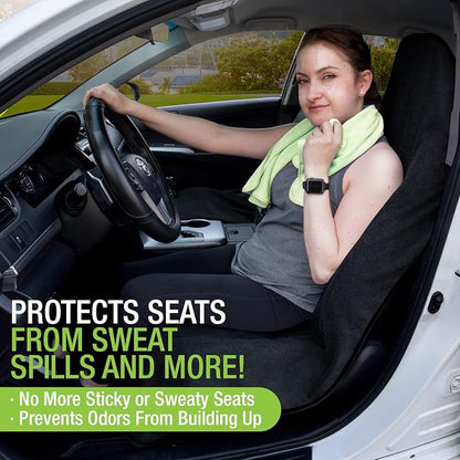 Season Guard Terry Cloth Sweat Towel Seat Cover; Carseat Towel Protector; Waterproof; Universal Fit for Car SUV Van Truck; EZ fit; Non Slip Grip; Machine Washable; Great for Gym Workout; 1pc Black