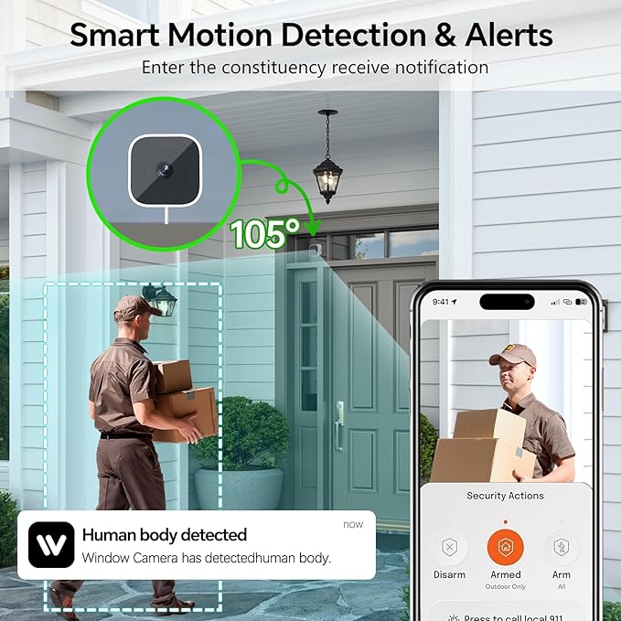 2K Window Cameras for Home Security- 2.4Ghz WiFi Window Camera,Color Night Vision,Human Detection,24/7 Recording, Easy & Quick Install（White）
