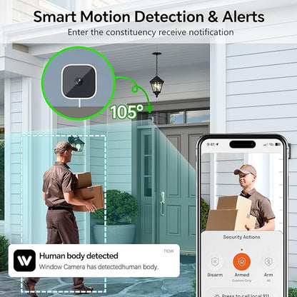 2K Window Cameras for Home Security- 2.4Ghz WiFi Window Camera,Color Night Vision,Human Detection,24/7 Recording, Easy & Quick Install（White）