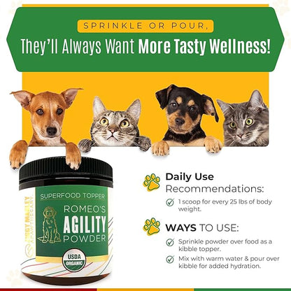 Organic Agility Superfood Powder for Dogs & Cats – Support Agility & Mobility - USDA Organic Bone Broth, Turmeric, & 3 Functional Mushrooms