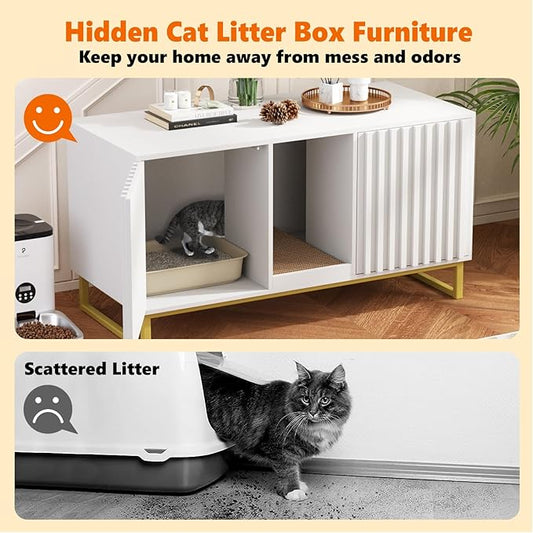 Halitaa Double Litter Box Enclosure,Modern Cat Litter Box Enclosure for 2 Cats, Hidden Litter Box with Cat Scratch Pad, Cat Washroom Cat House End Table, Entryway Bench for Livingroom (White)