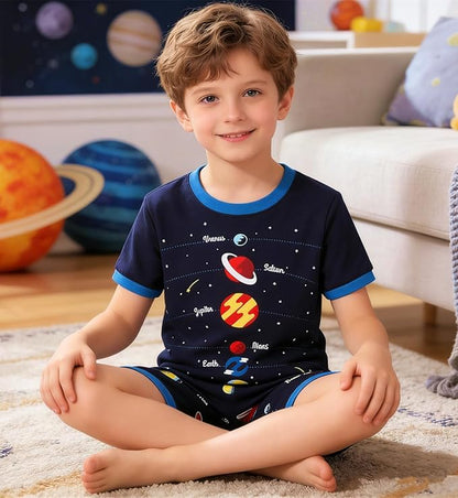 Popshion Boys Pajamas 100% Cotton Toddler Clothes Summer Pjs for Boy Planet Dinosaur Sleepwear Kids Short Sets 2-10 Years