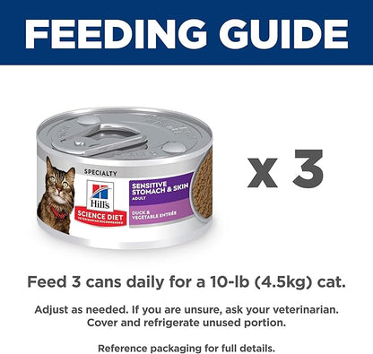 Hill's Science Diet Adult Sensitive Stomach & Skin Wet Cat Food, Duck & Vegetable, 2.9 oz. Cans, 24-Pack